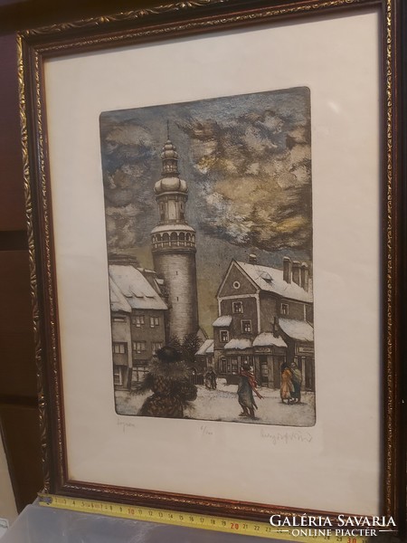 Sopron, fire tower etching, in frame ready for wall