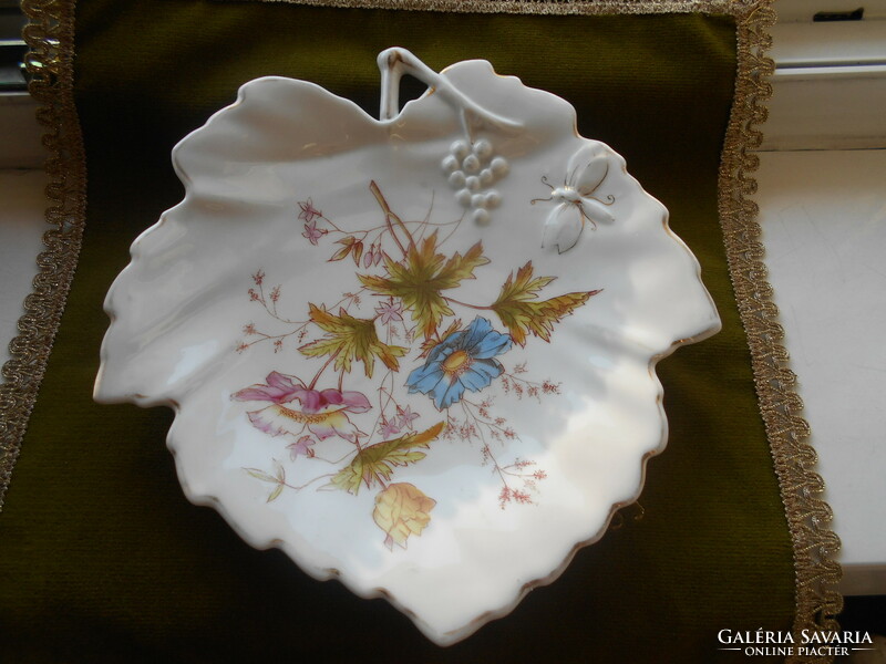 Hand-painted antique leaf-shaped bowl with Fischer Budapest mark.