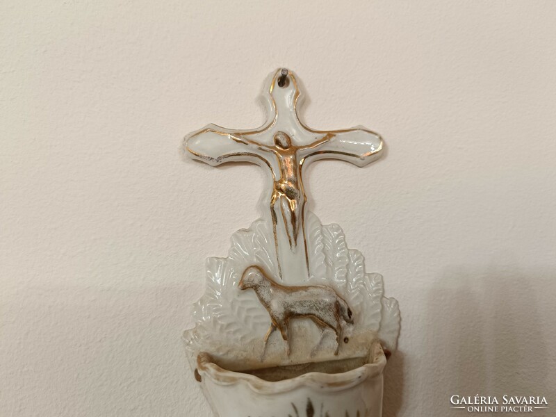 Antik szenteltvíz tartó 19. század porcelán keresztény szenteltvíztartó Jézus bárány 734 8477