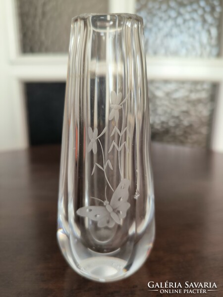 Beautiful art deco, marked polished glass vase with flower-butterfly decoration video!