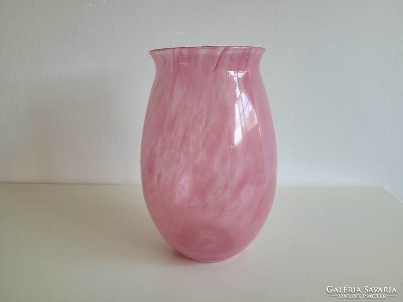 Régi hatalmas rózsaszín fátyolüveg váza 35,5 cm üvegváza nagy méretű szakított fújt üveg