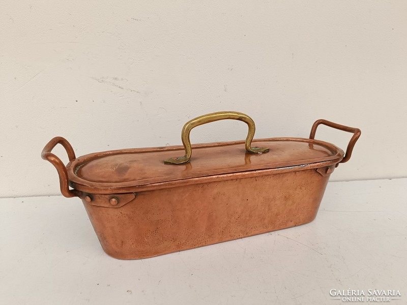 Antique kitchen tool, fish fryer, small pot with lid, tinned red copper 737 8522