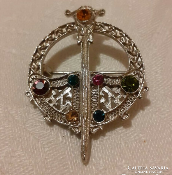 New silver-plated Celtic motif brooch embellished with multi-colored stones