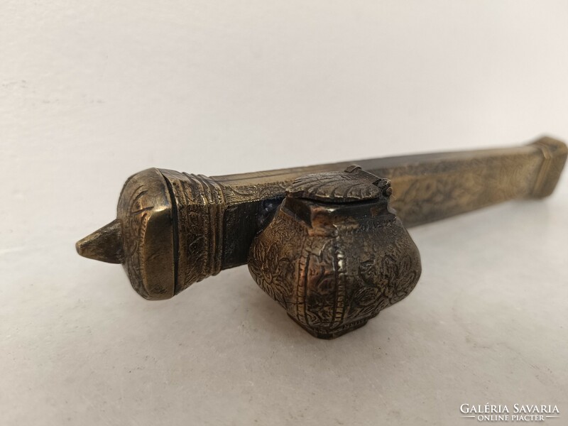 Antik Ázsia úti írószer tinta tartó vésett öntött réz toll tartó 19. század 738 8482