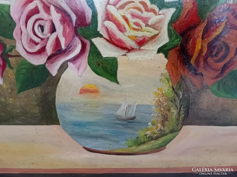 Roses in a vase - sunset with a boat - oil wood still life painting