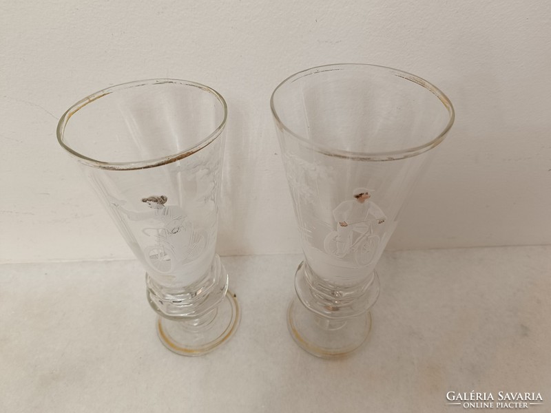 Antique Biedermeier glass with 2 bicycle bicycle vehicle motifs 8623