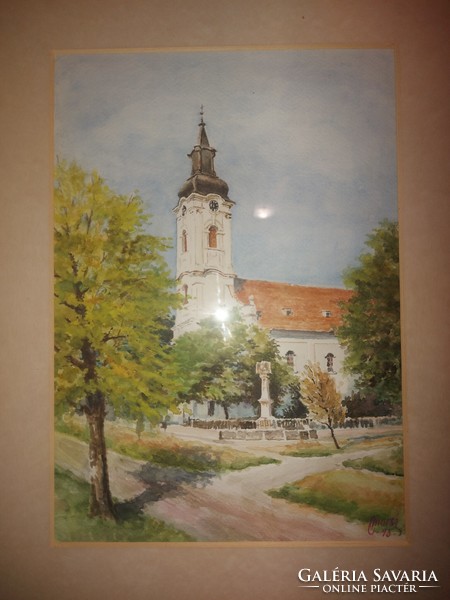 Morschhauser Miklós: " Sárszentlőrinc evangélikus templom", akvarell festmény, falra kész!