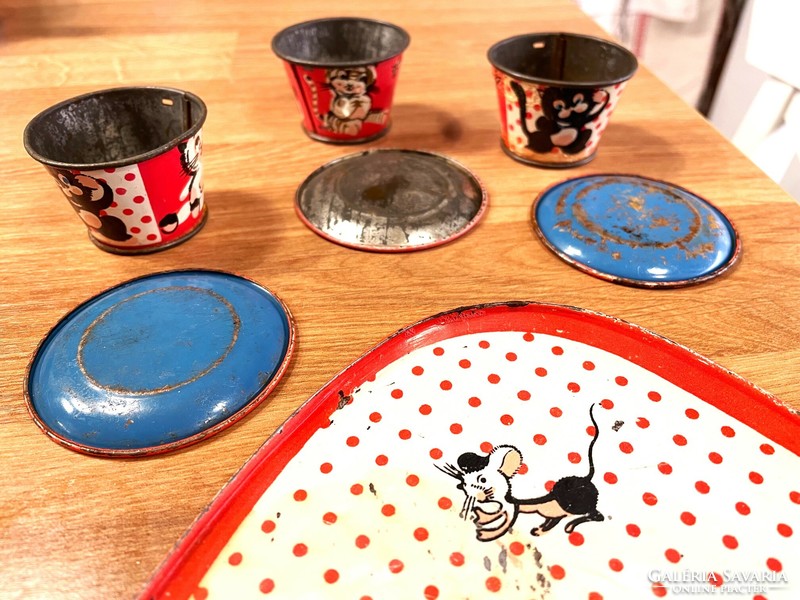 Retro vintage játék, macskás/egeres tálca pohár és alátét Lemezárugyár
