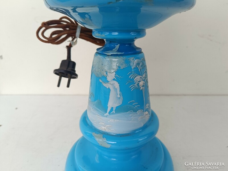 Antik biedermeier festett kék huta üveg petróleum elektromos lámpa törött 350 8600