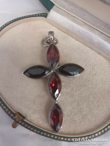 Old handmade beautiful silver garnet stone large cross pendant for sale!