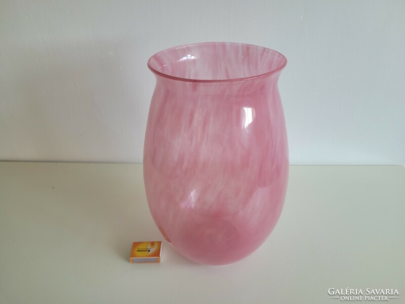 Régi hatalmas rózsaszín fátyolüveg váza 35,5 cm üvegváza nagy méretű szakított fújt üveg