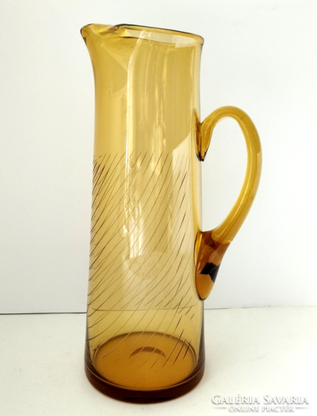 Old, beautiful, graceful, large-sized, honey amber-colored, blown broken huta glass jug with a polished pattern