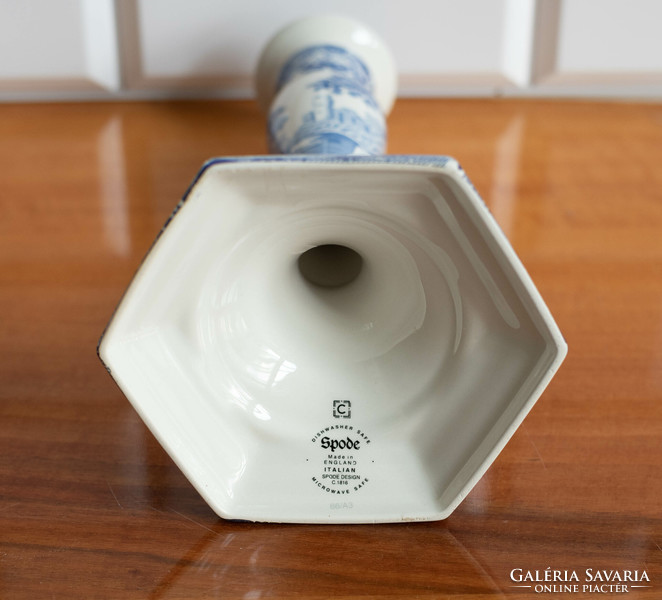 Spode porcelain / ceramic candle holder - with blue antiquing pattern