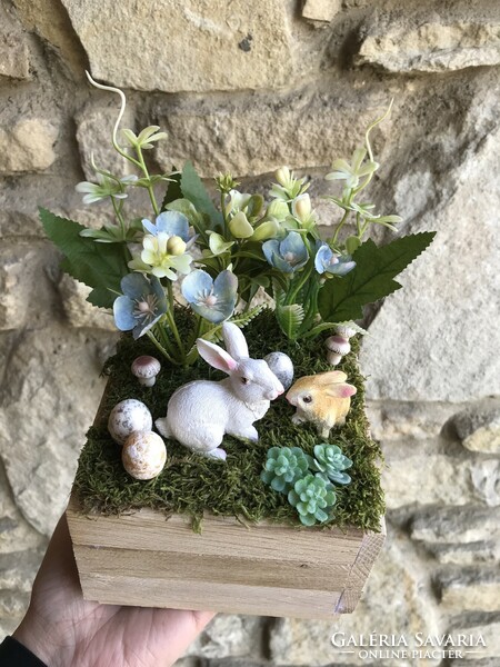 Spring Easter decor decoration table decoration in a wooden box with bunnies is unique