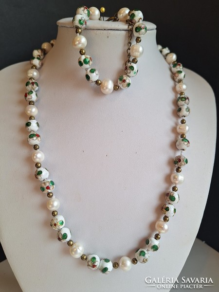 Fire enamel necklace+bracelet set with pearls