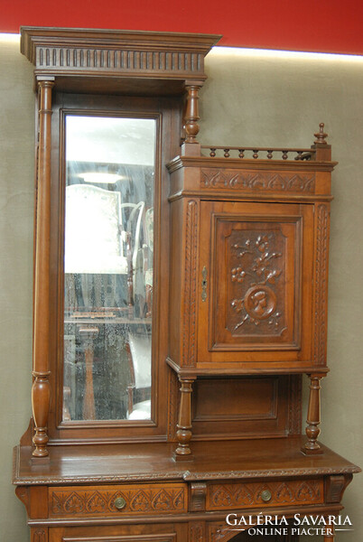 Pewter German Neo-Renaissance bookcase and glass chair