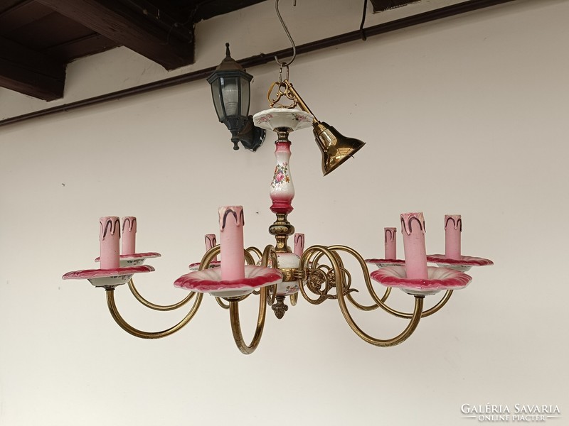 Antique 8-arm rose motif Flemish chandelier with porcelain insert with original candles + 8 new bulbs 885 8561