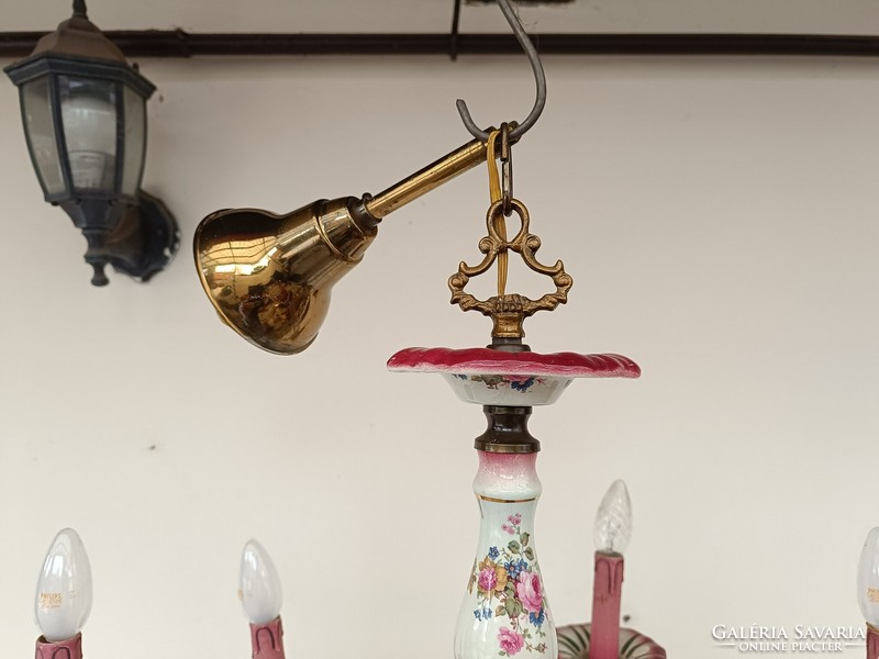 Antik csillár 8 karú rózsa motívum porcelán betétes flamand eredeti gyertyákkal + 8 új izzó 886 8562