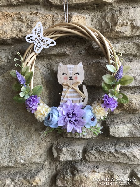Tavaszi dekoráció macskás cicás dekor ajtódísz ablakdísz kopogtató cica macska művirág koszorú
