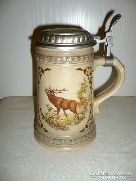 Ceramic hunting jar with tin lid, marked cup with lid