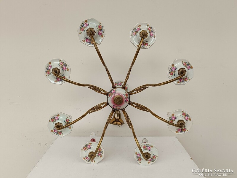 Antik csillár 8 karú rózsa motívum porcelán betétes flamand eredeti gyertyákkal + 8 új izzó 886 8562