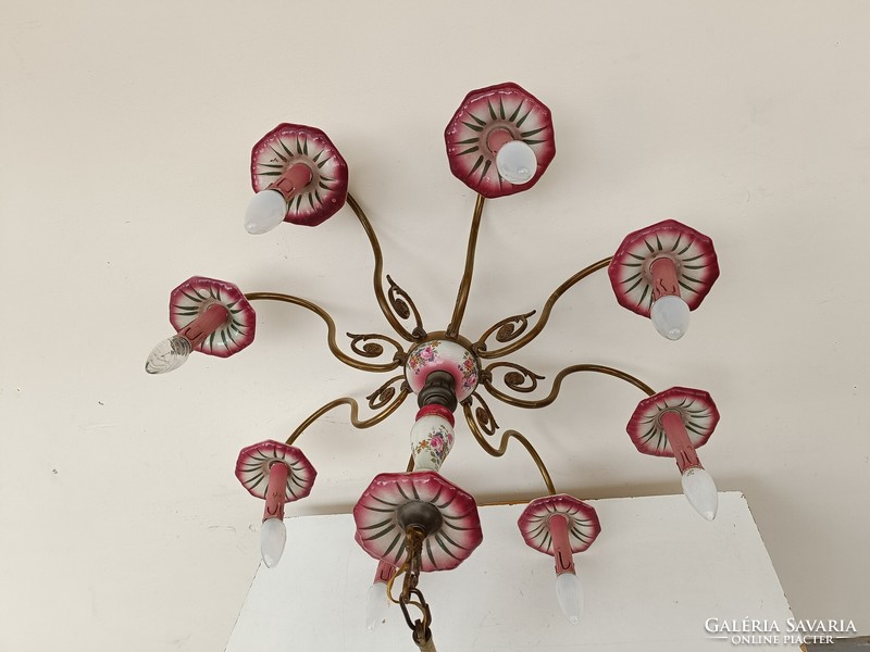 Antik csillár 8 karú rózsa motívum porcelán betétes flamand eredeti gyertyákkal + 8 új izzó 886 8562