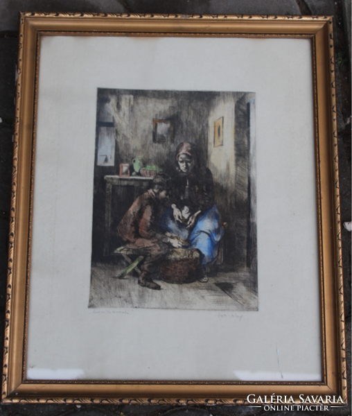 József Vati colored etching - 