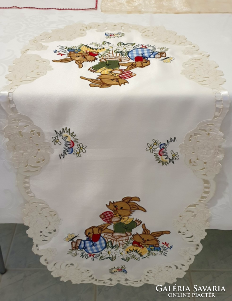 Easter off-white tablecloth, embroidered bunny, egg pattern 38x88