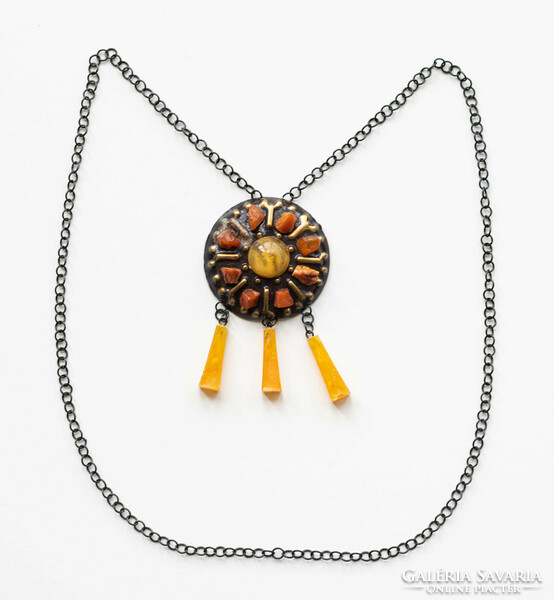 Retro amber stone jewelry - craftsman / goldsmith necklace and brooch in one