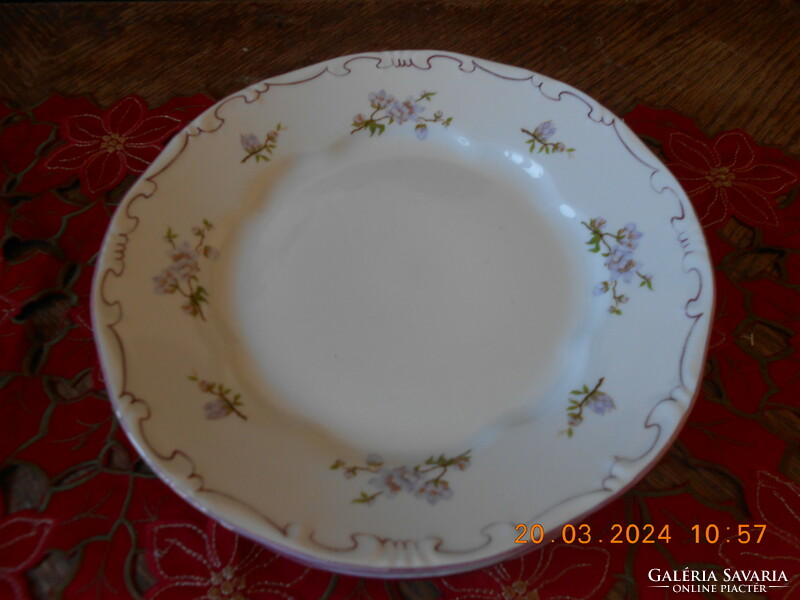 Zsolnay lila barackvirágos, rózsaszín tollazott lapos tányér, 6 db