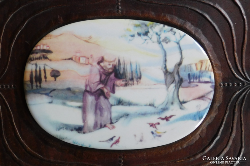 Fabian rose painting in a leather frame (Hólloháza porcelain)