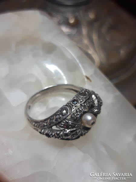 Art Nouveau Hungarian jewelry - ring with marcasite and true pearl