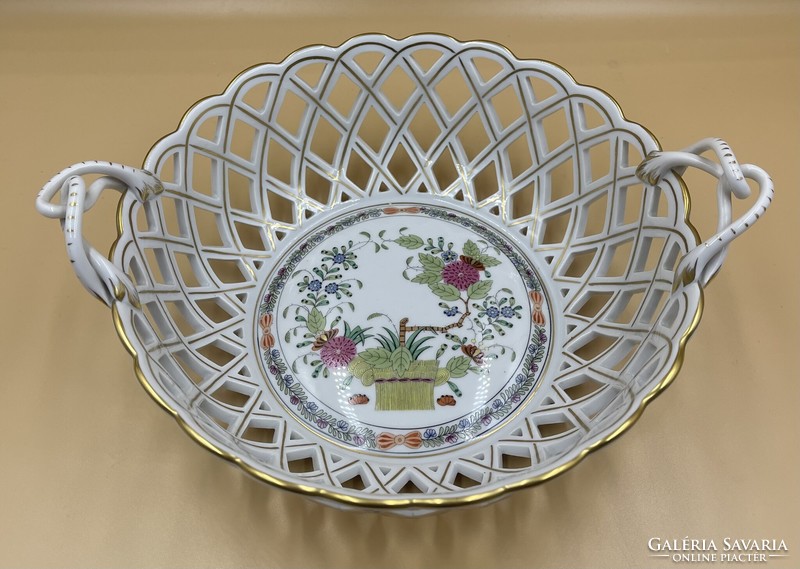 Herend colorful Indian flower basket pattern openwork bowl with twisted tongs