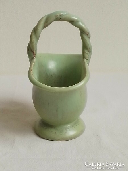 Antique Old Art Deco Drizzled Celadon Glazed Wicker Handle Earthenware Ceramic Basket Easter Decoration