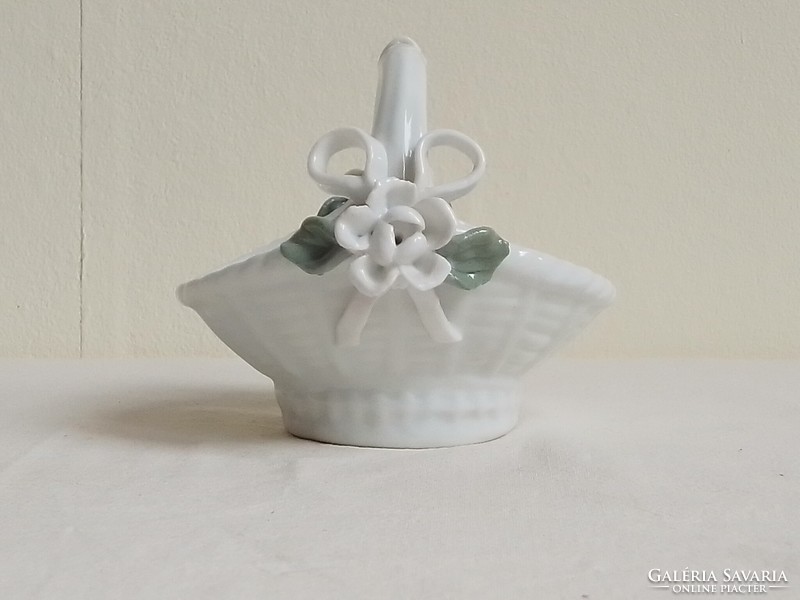 Antique old white glazed porcelain basket with handles flower and bow ornament Easter decoration display case nipp