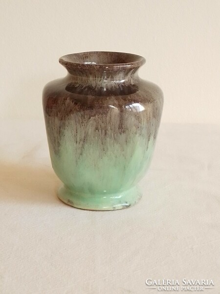 Antique old art deco trickled glazed square earthenware ceramic violet mini vase celadon glazed