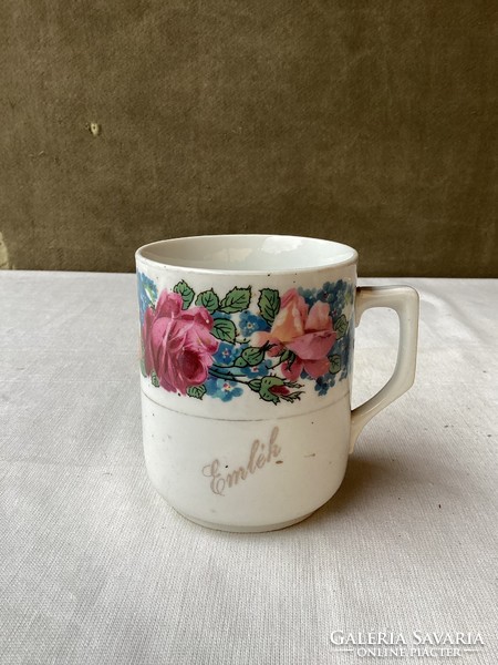 Antique pink porcelain commemorative mug.