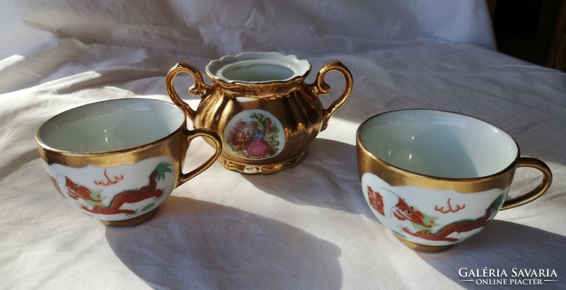 2 gold-plated Chinese cups and a sugar bowl