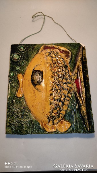 Vintage igen ritka Papp János kerámia hal figurás samottos fali dísz fali kép