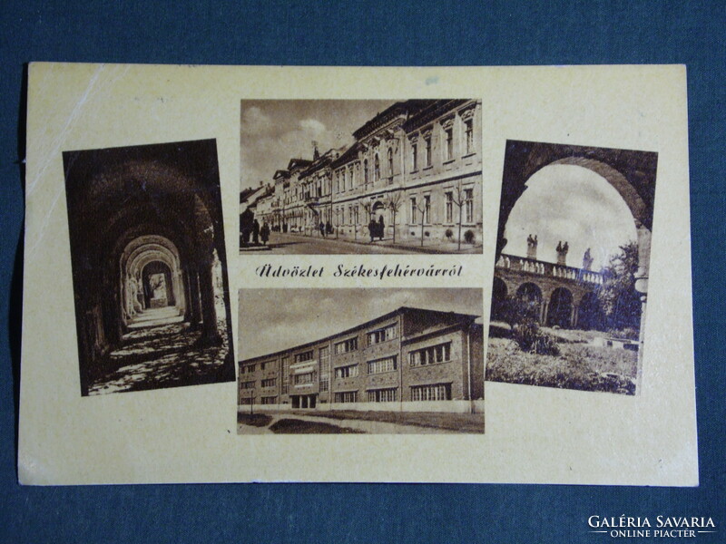 Postcard, Székesfehérvár, mosaic details, street, castle, school, 1955