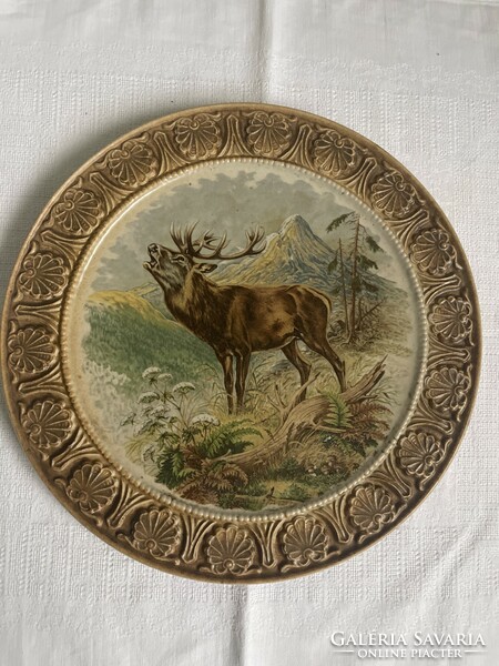 Antique large heavy hard ceramic plate (deer bucking)