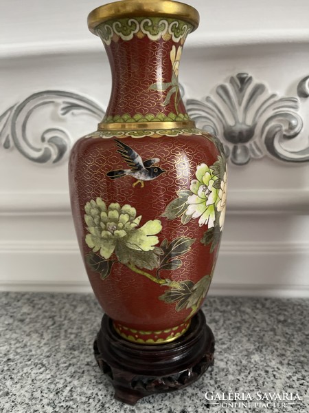 Chinese enamel vase with pair of large size openwork wooden soles.