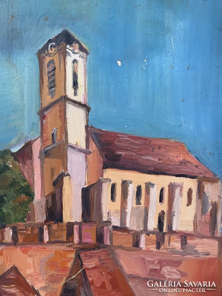 Church tower (marked by Hörcher), oil on board around 1930