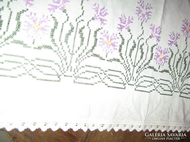 Beautiful antique cross stitch embroidered lacy edged runner