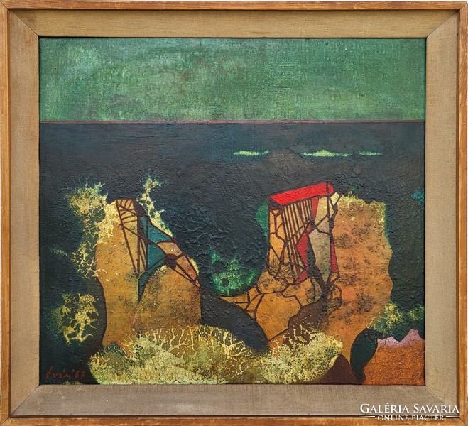 László Óvár (1926 - 1988) rock c. Oil painting with original guarantee!