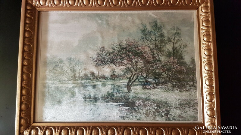 Selyemfestmény , jelzett , ( nagyon régi ) szép felujitott keretben , tavaszi jelenet, virágzó fák