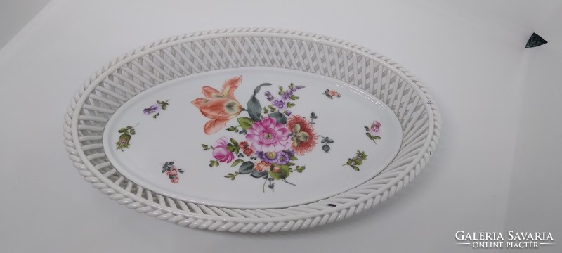 Herend porcelain wicker basket with floral pattern, richly painted