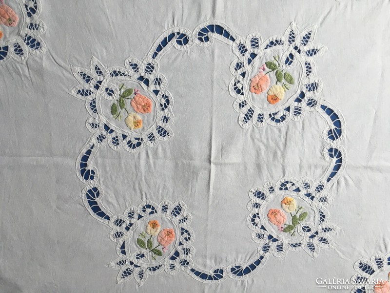 Old special appliqué embroidered floral tablecloth