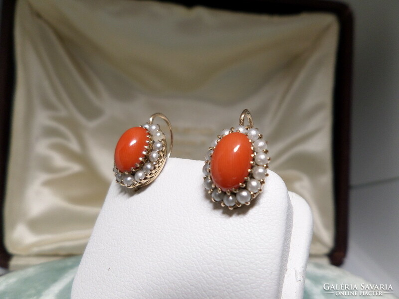 A pair of antique gold earrings with synthetic coral and pearls