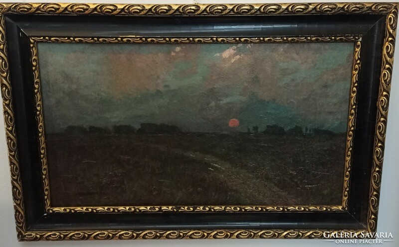Sunset lowland(?) Unresolvable signed oil painting from 100-120 years ago